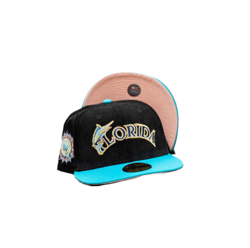 New Era Florida Marlins Corduroy Black Teal Pink 59Fifty 5950 Patch Fitted Hat