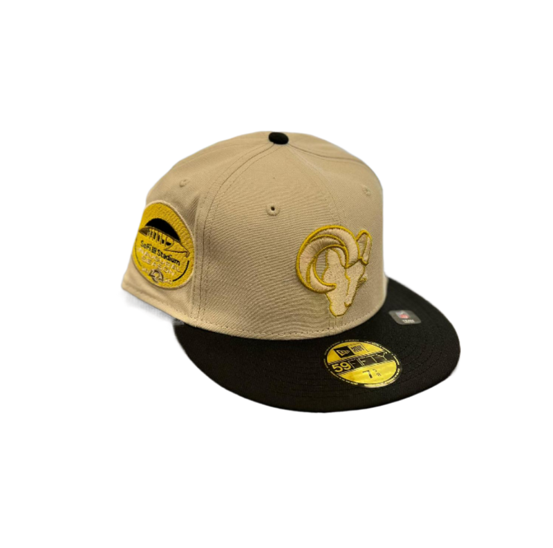 New Era LA Rams Beige Yellow Gold Black 59Fifty 5950 Patch Fitted Cap Hat