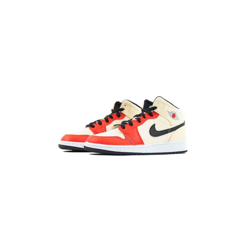 Kids Nike Air Jordan 1 Mid SS GS Muslin Chile Red Black White Beige Sneaker Shoe Trainer