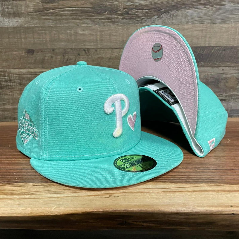 New Era Phillies Green Mint 2008 WS Heart 59Fifty 5950 Fitted Hat White Pink Patch UV