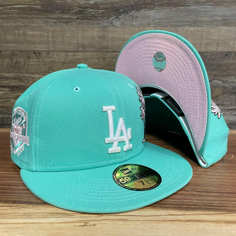 New Era LA Dodgers Green Mint 50th Anniversary Palm Tree 59Fifty 5950 Fitted Hat White Pink