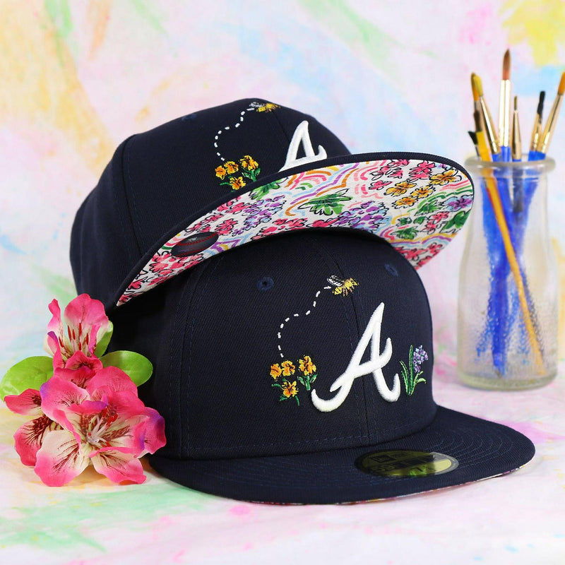 New Era Atlanta Braves Navy Blue Floral Print Undervisor Spring Embroidery 59Fifty 5950 Fitted Cap