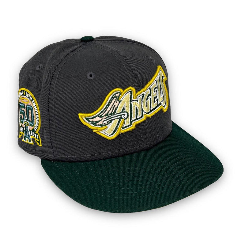 New Era LA Angels Calligraphy 59FIFTY 5950 Gray Green Fitted Hat Gold UV