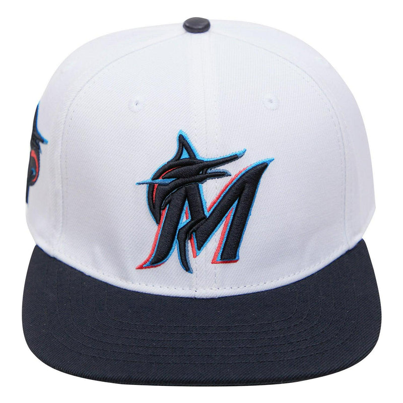 Pro Standard Miami Marlins Classic Logo Snapback Hat White Blue Red Patch