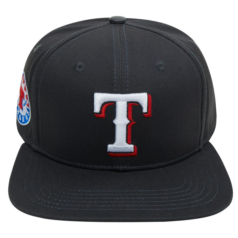 Pro Standard Texas Rangers Classic Logo Snapback Hat Charcoal White Red Blue Patch